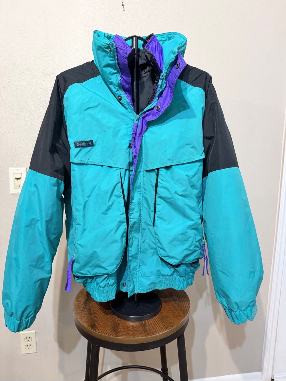 Columbia Vintage 3 in 1 Ski Jacket L Colorblock Turquoise Black Purple Heavy 90s